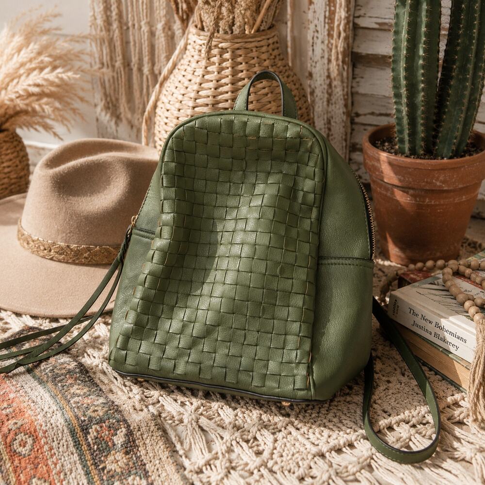 Woven Green Faux Leather Backpack